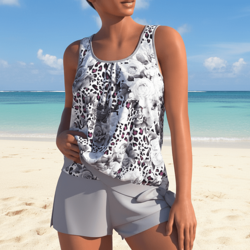 Trendy women's two-tone floral tankini set for summer elegance. Perfect beachwear and poolside swimsuit.