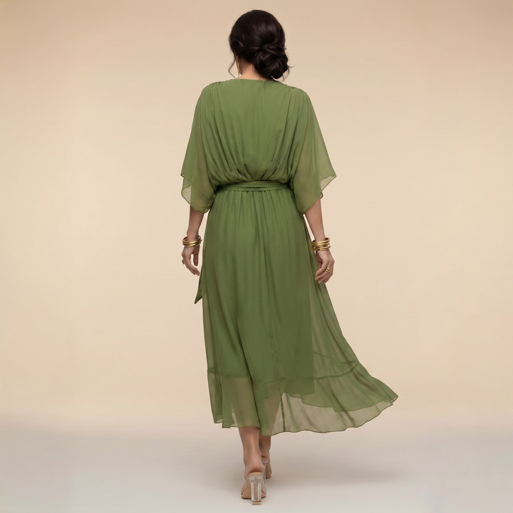 Women's elegant V-neck batwing sleeve formal dress, a stylish and comfortable midi length.