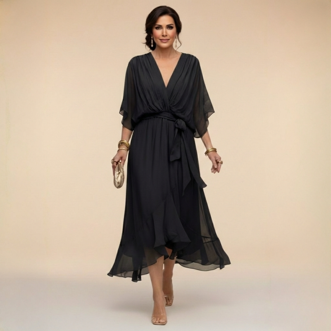 Sophisticated formal V-neck batwing sleeve midi dress for women, ideal for evening wear.