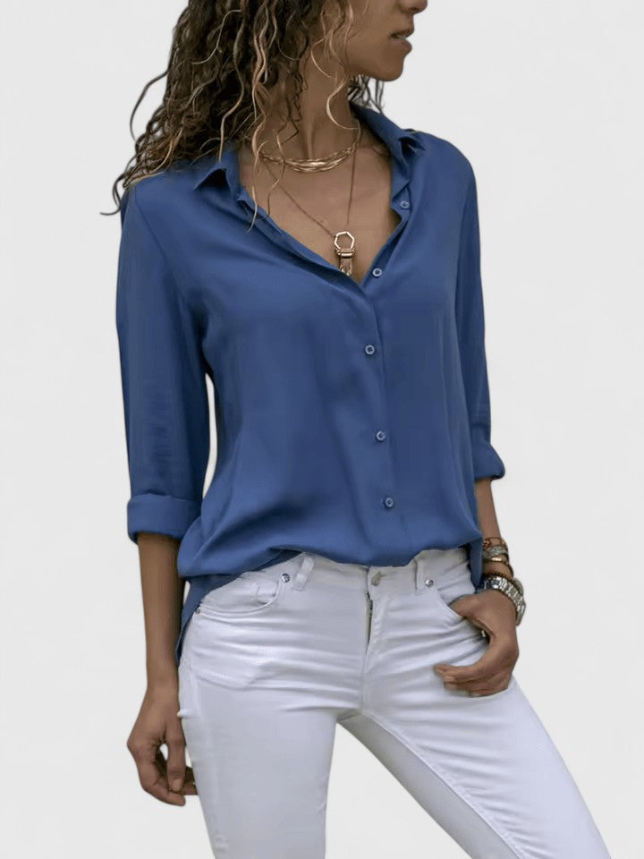 Women's elegant V-neck blouse, flowy long sleeve top. Versatile for professional workwear & casual spring fashion.