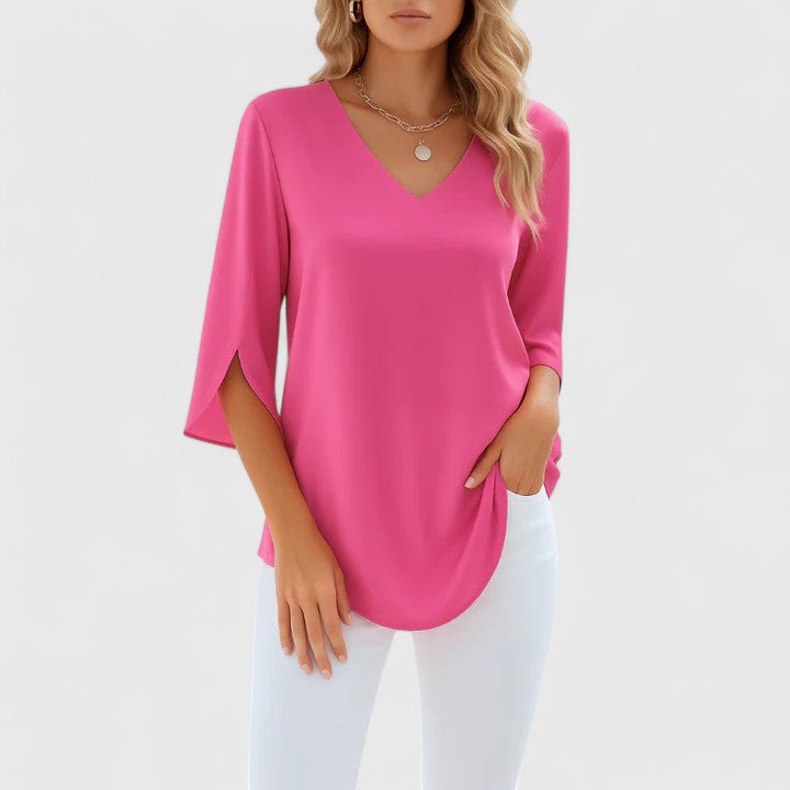 Women's split sleeve v-neck blouse. Casual yet chic summer top, versatile for day or evening wear.