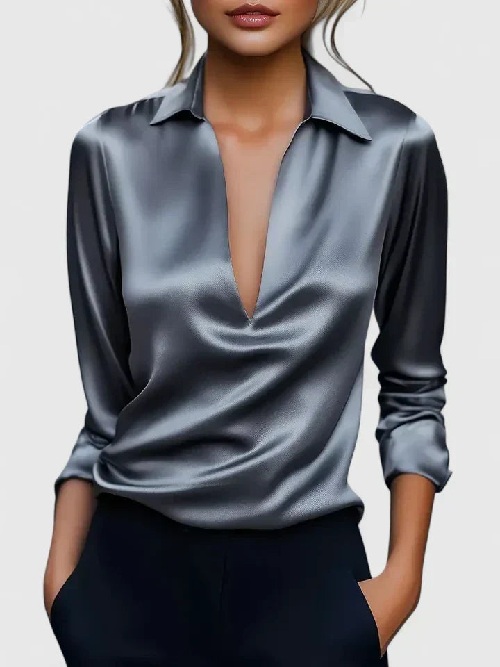 Versatile women's draped V-neck blouse, long sleeve & shiny fabric. Effortless style for party, office or formal.