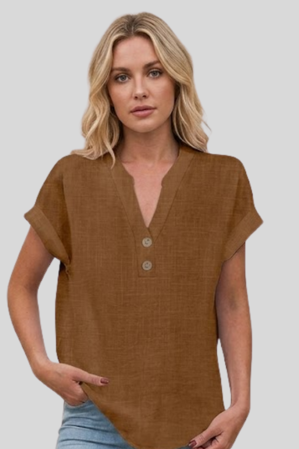Elegant women's V-neck button-front blouse, short sleeve, perfect for versatile work & casual style.