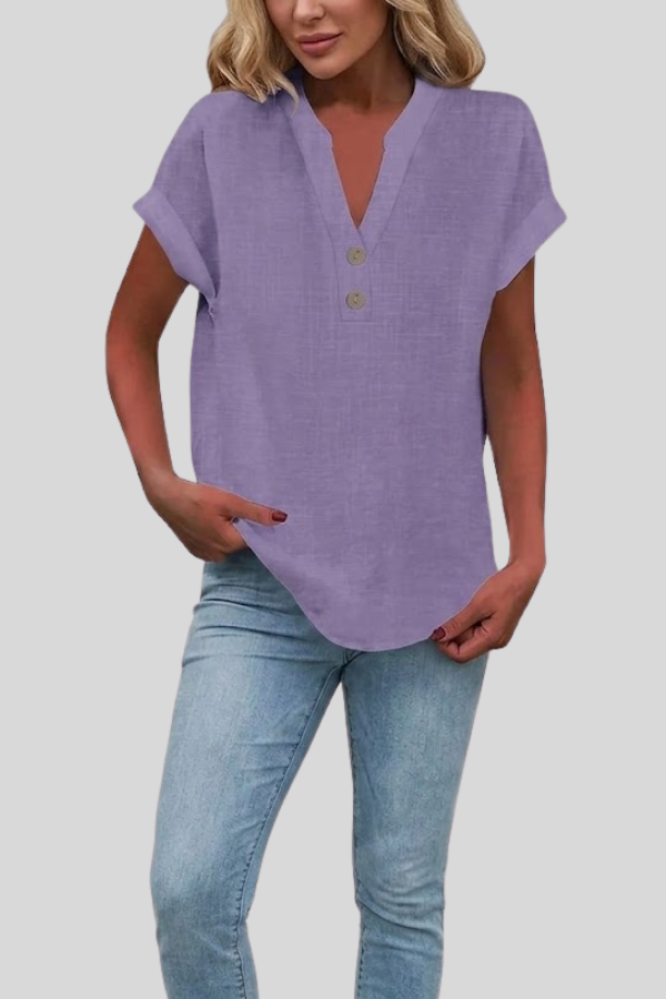Professional women's V-neck blouse, short sleeve, button-front detail, perfect for office elegance.