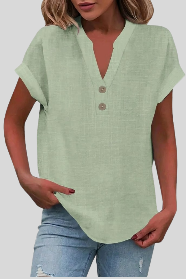 Casual chic women's V-neck button-front top, short sleeve, ideal for comfortable summer outfits.