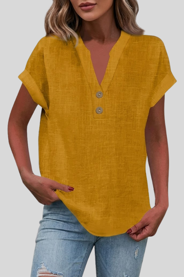 Elegant women's short sleeve V-neck blouse, button-front, versatile for work and everyday fashion.