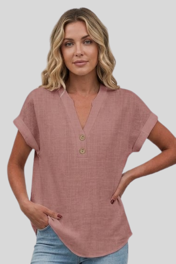 Women's versatile V-neck button-front top, short sleeve, perfect for summer casual & workwear.
