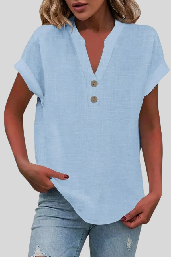 Lightweight women's V-neck blouse, button-front, short sleeve, great for hot weather versatility.