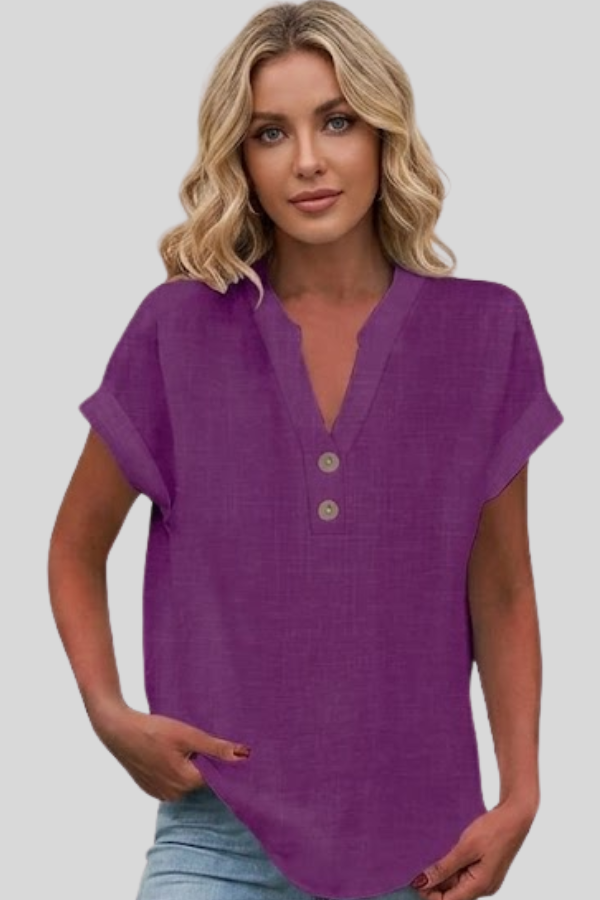 Refined women's V-neck button-front top, short sleeve, ideal for a polished and comfortable look.