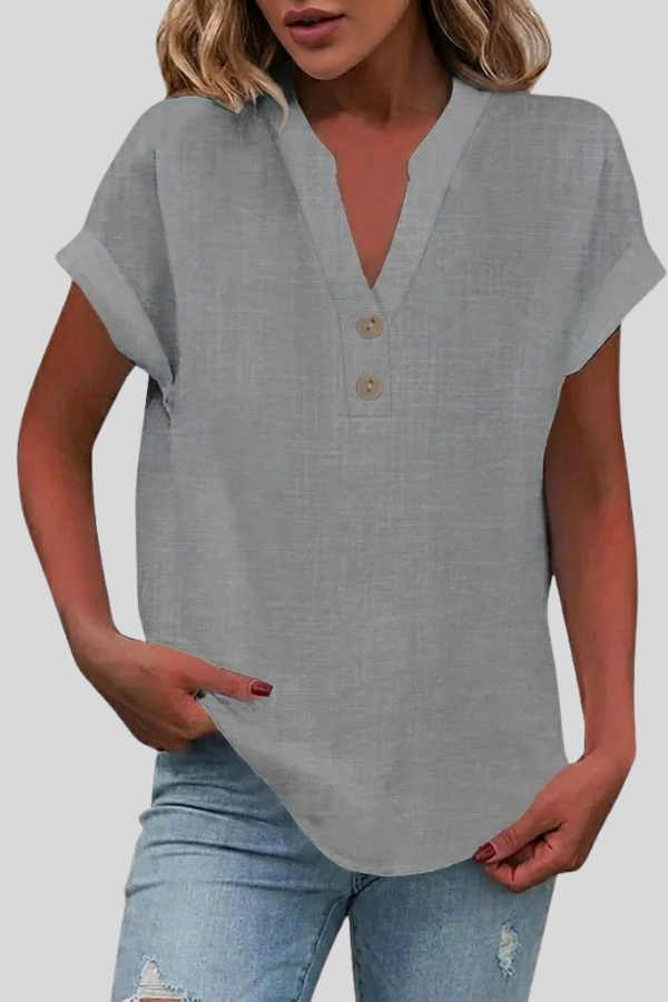 Stylish women's V-neck top with button-front detail, ideal for summer fashion & everyday wear.