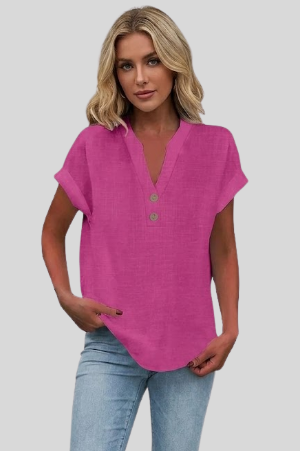 Versatile short sleeve V-neck blouse for women, elegant button-front design for workwear.
