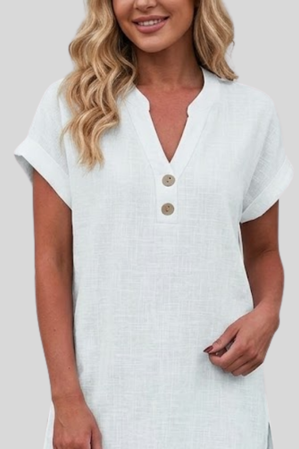 Chic women's V-neck button-front top, short sleeve, excellent for casual outfits & office wear.