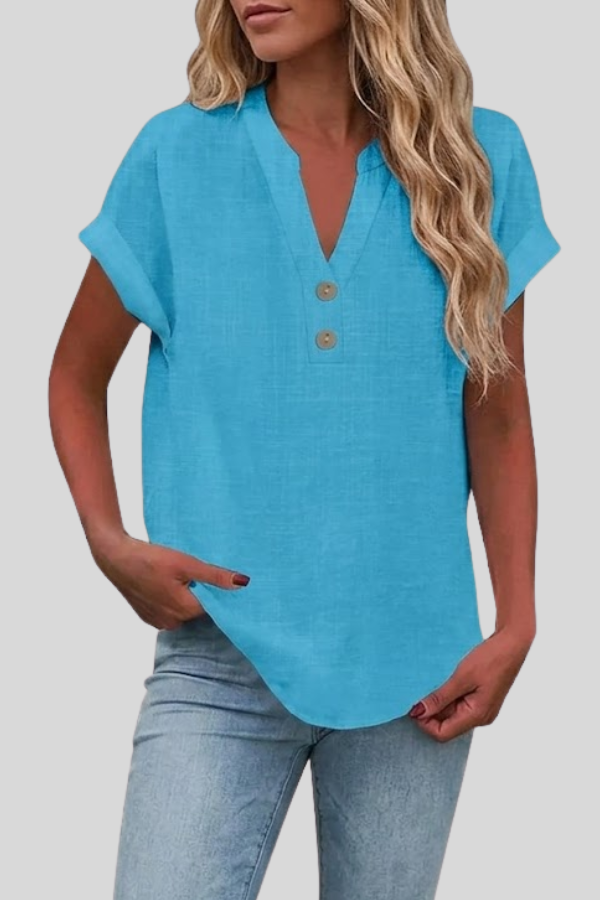 Classic women's V-neck blouse with front buttons, perfect for elegant summer fashion & versatility.