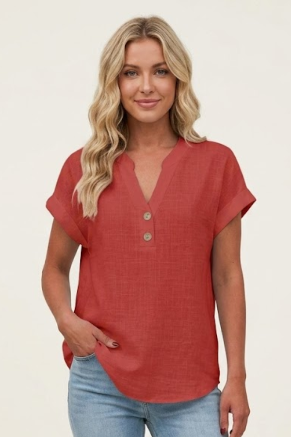Sophisticated women's short sleeve V-neck top, button-front, ideal for professional or casual looks.