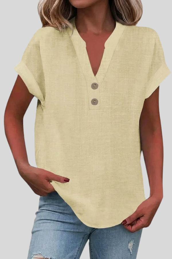 Fashionable women's V-neck button-front blouse, short sleeve, great for summer casual style.