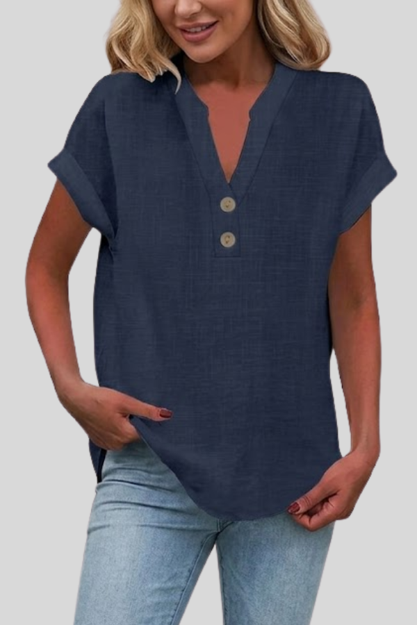 Modern women's V-neck top with button-front, versatile for work, elegant events, and daily use.
