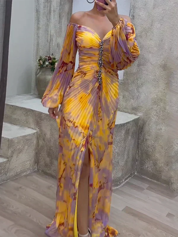 Multicoloured V-neck elegant dress for women, featuring a flowing classic fit & flattering silhouette. Sophisticated style.