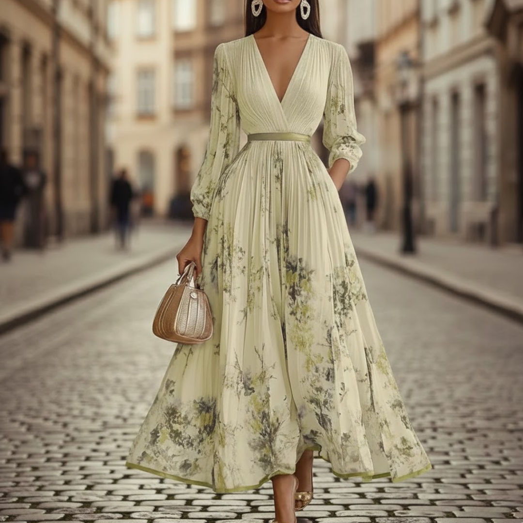 Elegant women's V-neck floral pleated maxi dress with long sleeves. Perfect for spring & summer occasions.