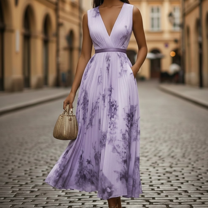 Flowy women's long sleeve V-neck floral maxi dress, pleated for a casual or semi-formal spring look.