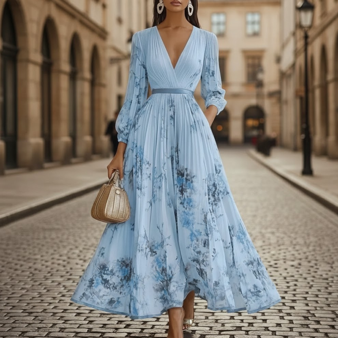 Stylish women's floral print V-neck maxi dress with long sleeves & elegant pleats. Ideal for various events.
