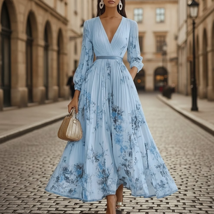 Stylish women's floral print V-neck maxi dress with long sleeves & elegant pleats. Ideal for various events.