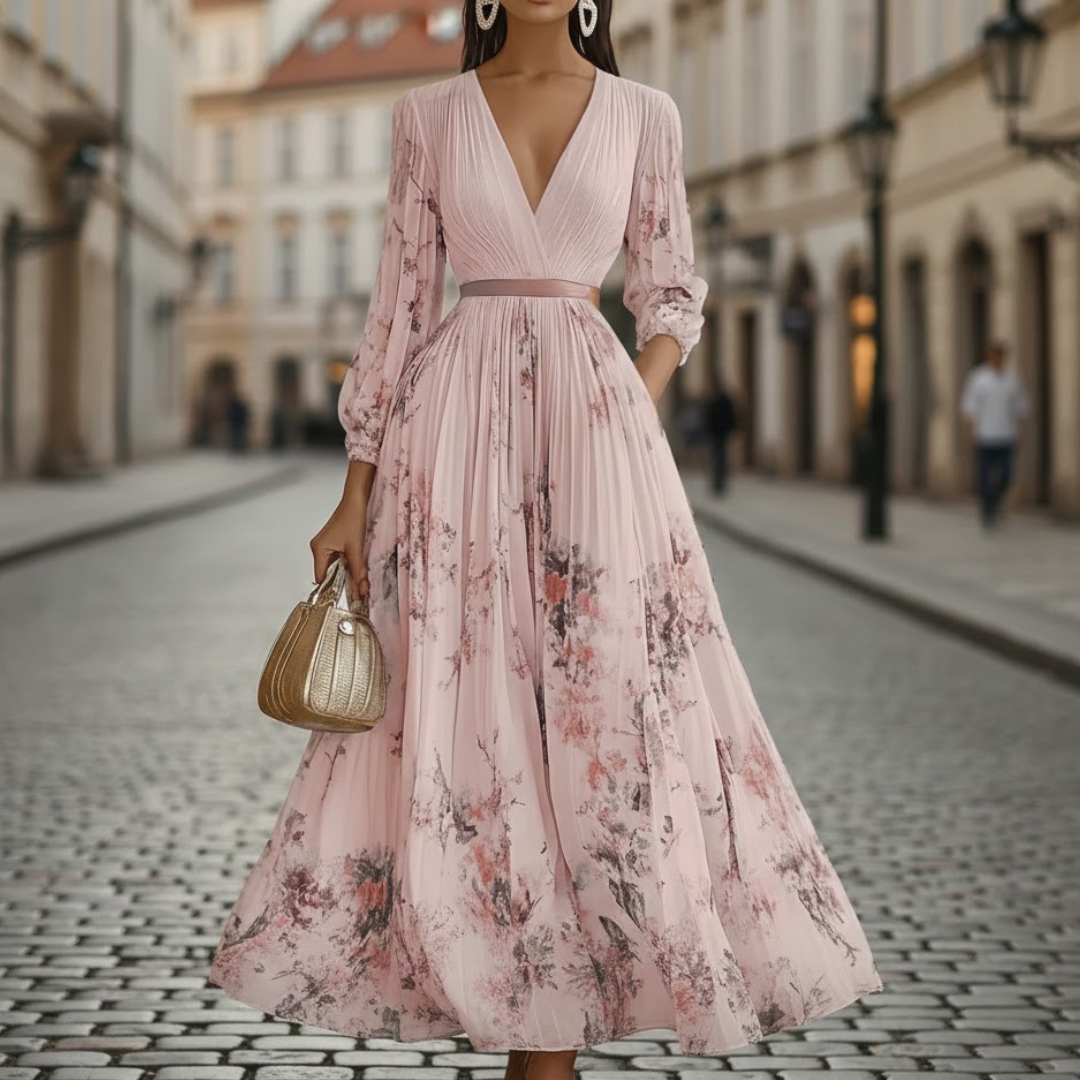 Comfortable women's V-neck floral long sleeve pleated maxi dress, perfect for spring & summer fashion.