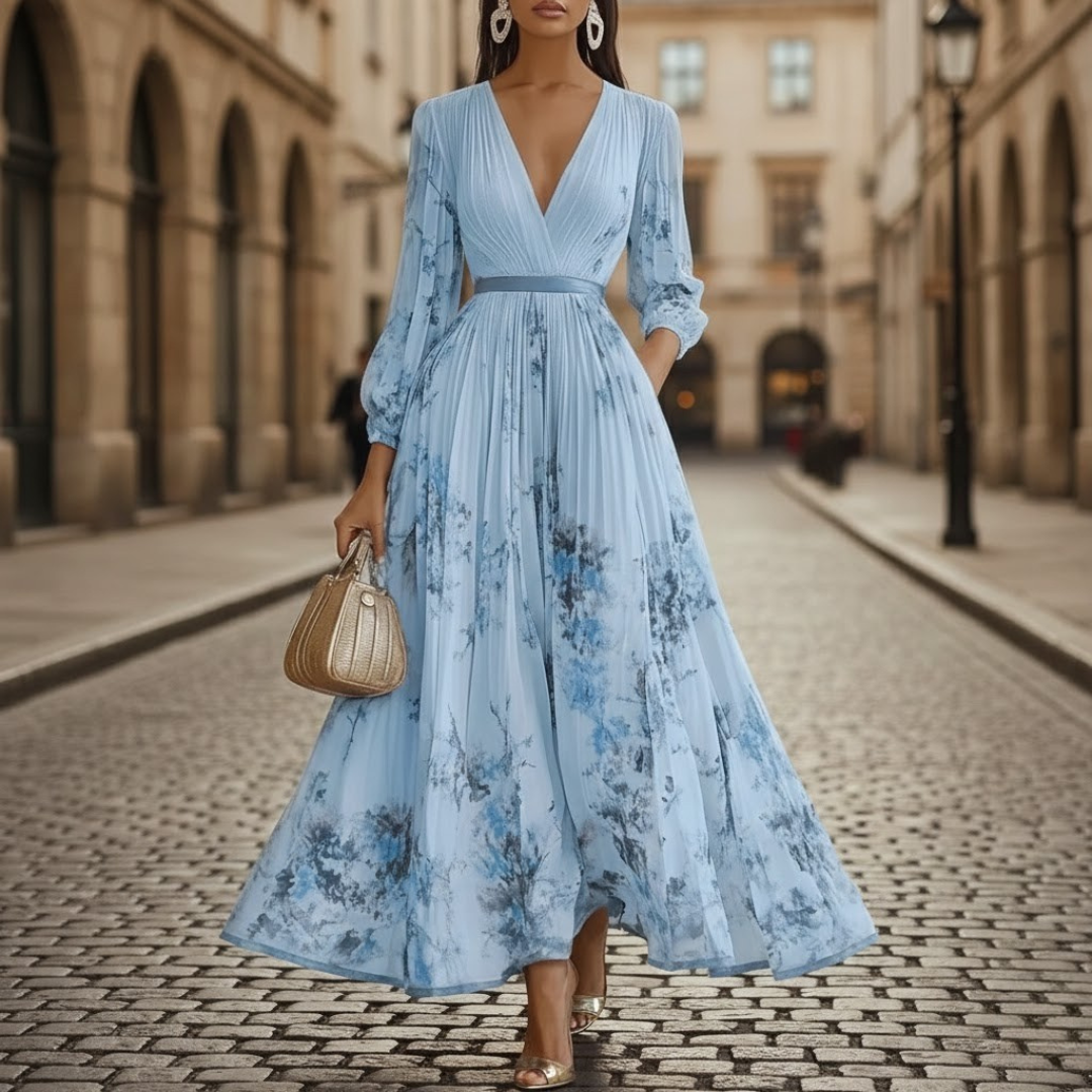 Chic women's floral V-neck maxi dress with long sleeves & pleated skirt, offering an elegant semi-formal style.