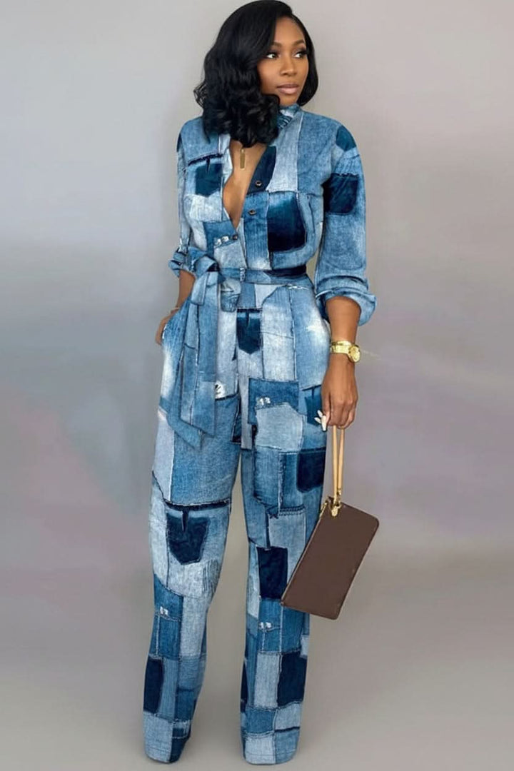 Effortless women's V-neck jumpsuit, a comfortable one-piece outfit for a chic and versatile look.