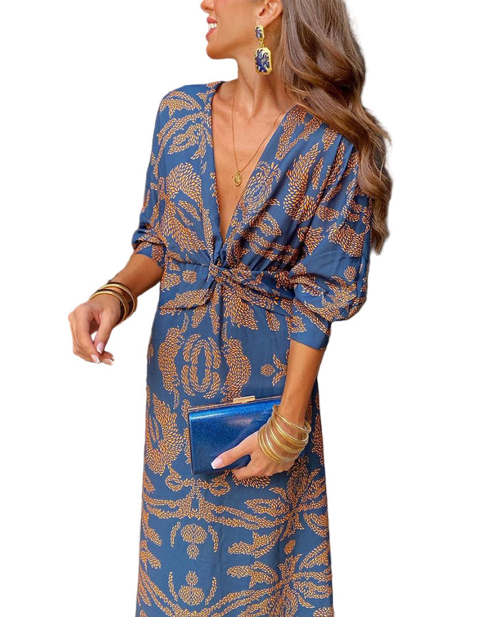 Elegant women's V-neck knot midi dress. Stylish long sleeve design, perfect for evening or cocktail events.