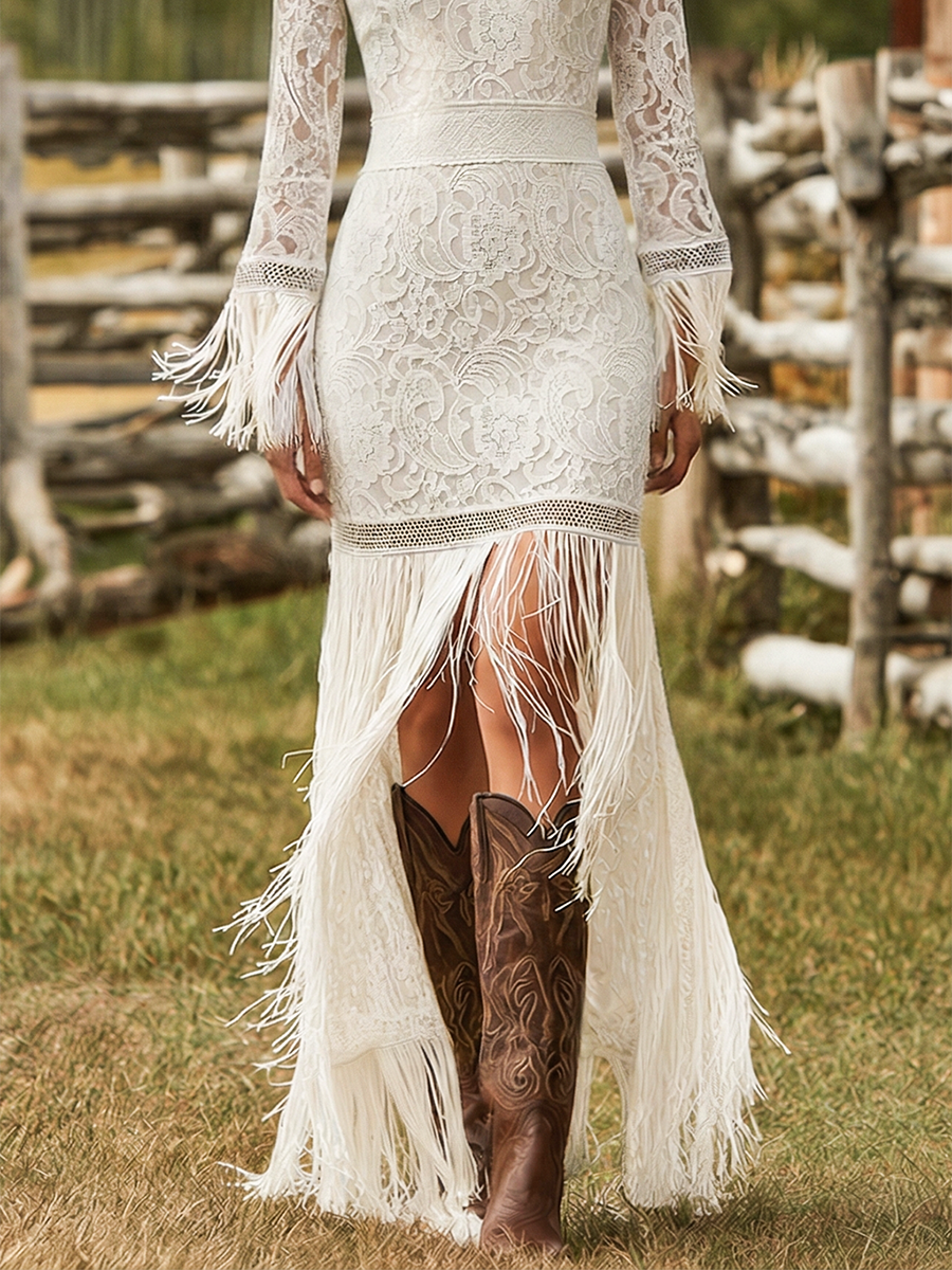 Stylish women's V-neck fringe maxi dress with long sleeves. Versatile for party, formal, or boho chic events.