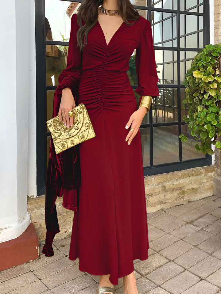 Elegant women's V-neck long sleeve ruched high-low maxi dress, perfect for wedding guests.