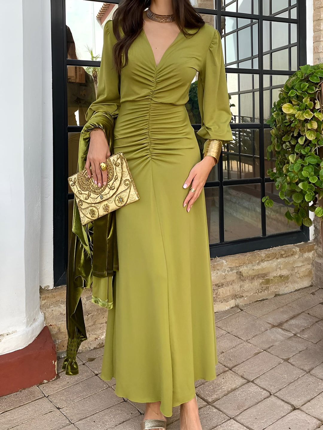 Elegant women's long sleeve V-neck ruched high-low maxi dress for special evening wear.