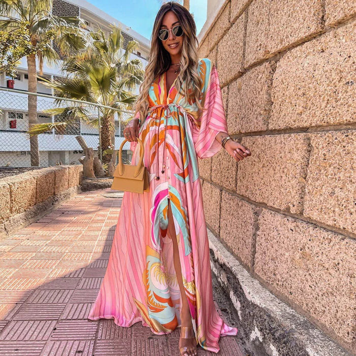 Elegant women's V-neck maxi dress with flowy kimono sleeves & high slit. Perfect for summer occasions.