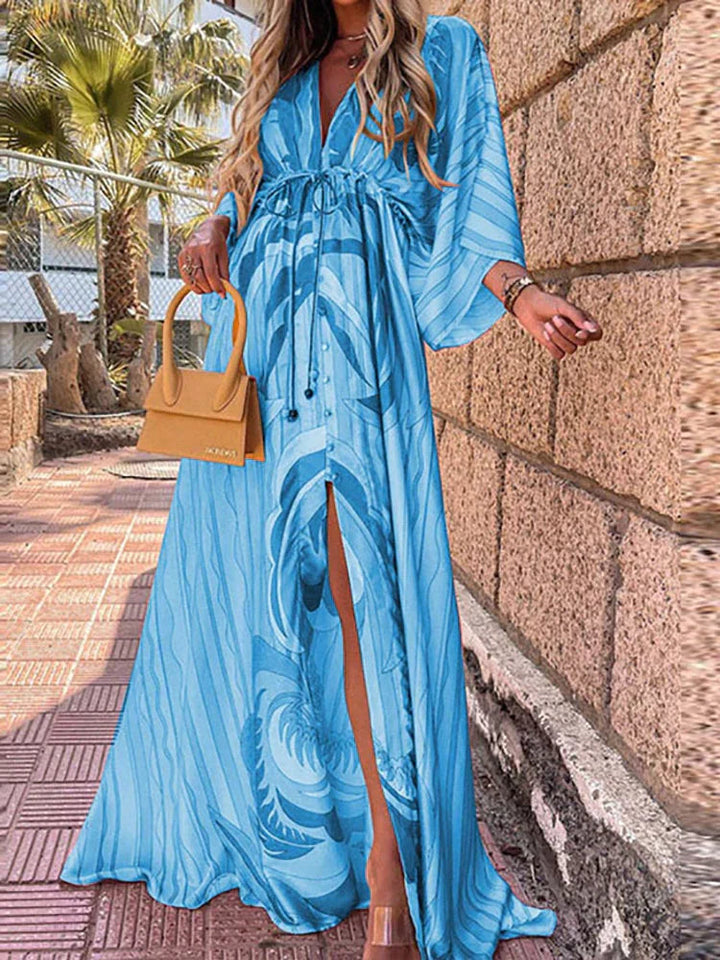 Stylish women's long V-neck occasion dress featuring graceful kimono sleeves & a chic high slit.