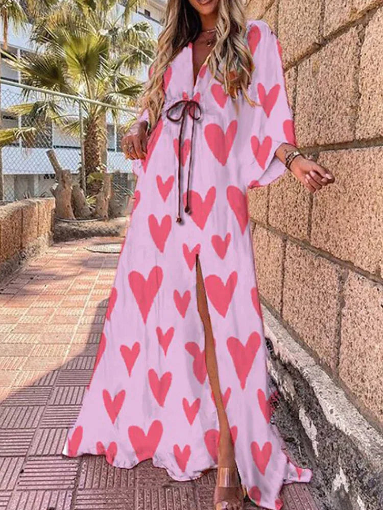 Women's V-neck kimono sleeve maxi dress with high slit. Elegant, long, and flowy for summer events.