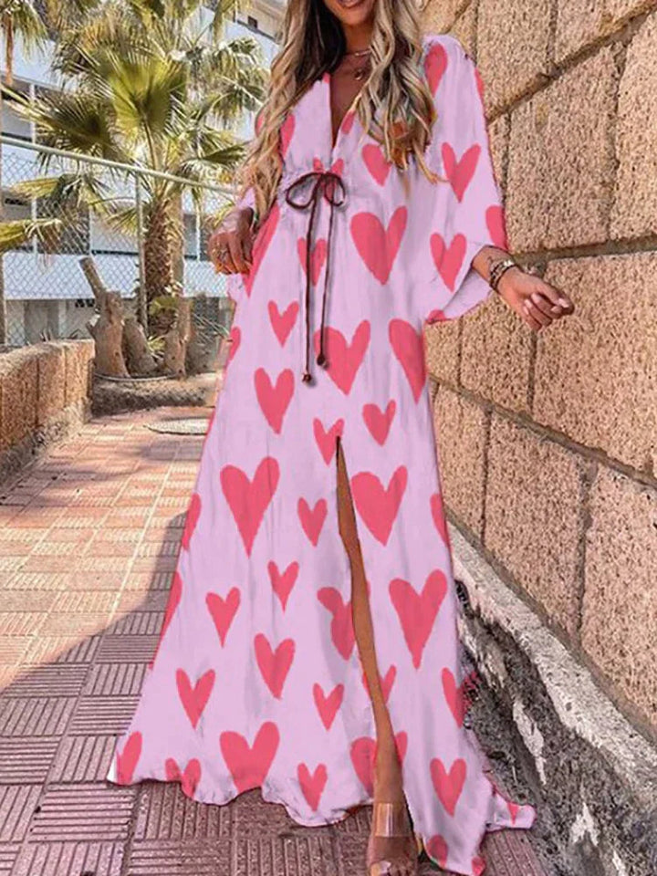 Women's V-neck kimono sleeve maxi dress with high slit. Elegant, long, and flowy for summer events.