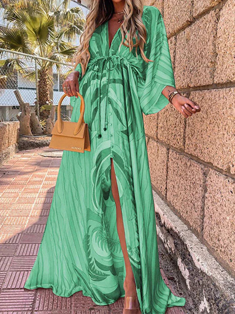 Versatile women's V-neck maxi dress. Kimono sleeves & high slit make it ideal for elegant summer or occasion wear.
