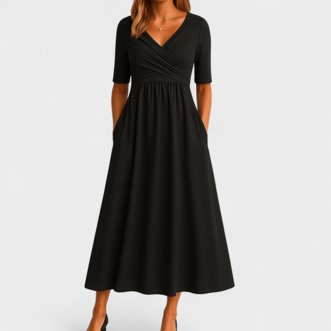 Elegant women's V-neck midi dress featuring a stylish crossover waist, perfect for versatile work or casual wear.