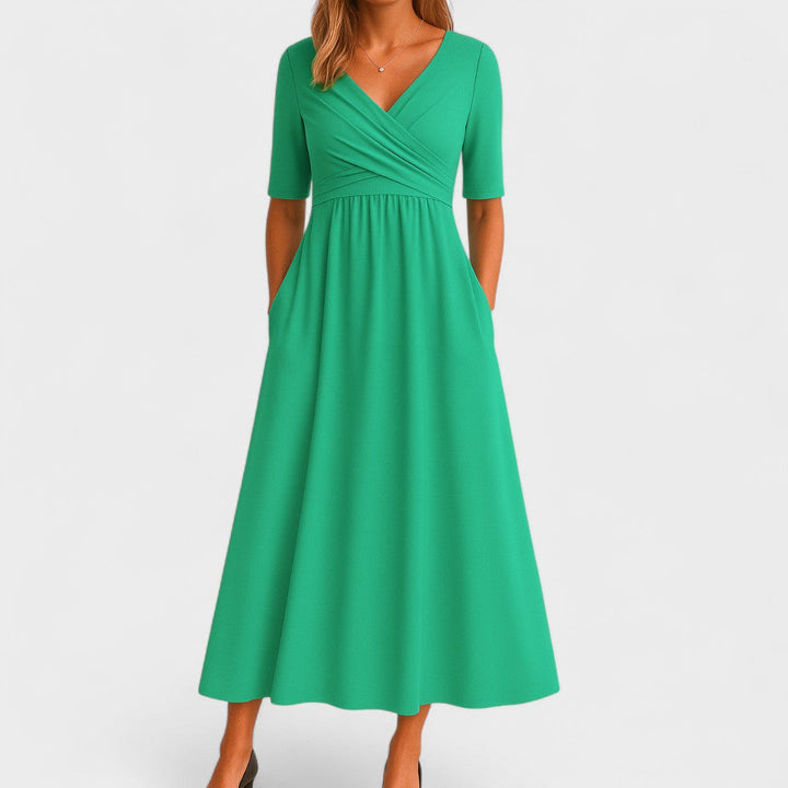 Stylish women's elegant V-neck midi dress. Features a flattering crossover waist, ideal for work, events, or daily wear.