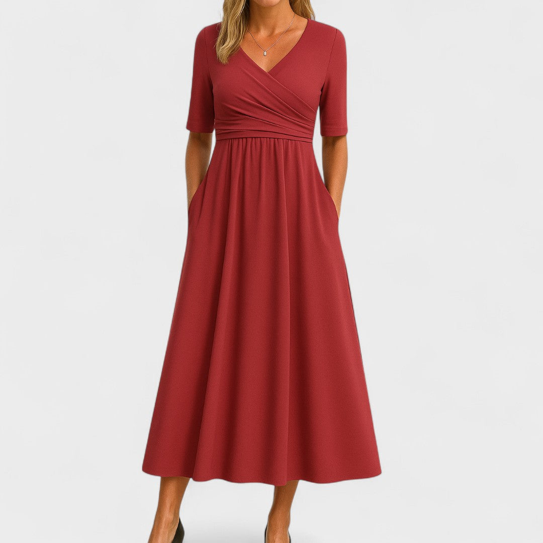 Comfortable women's midi dress with an elegant V-neckline & chic crossover waist detail. Perfect for day-to-night styling.