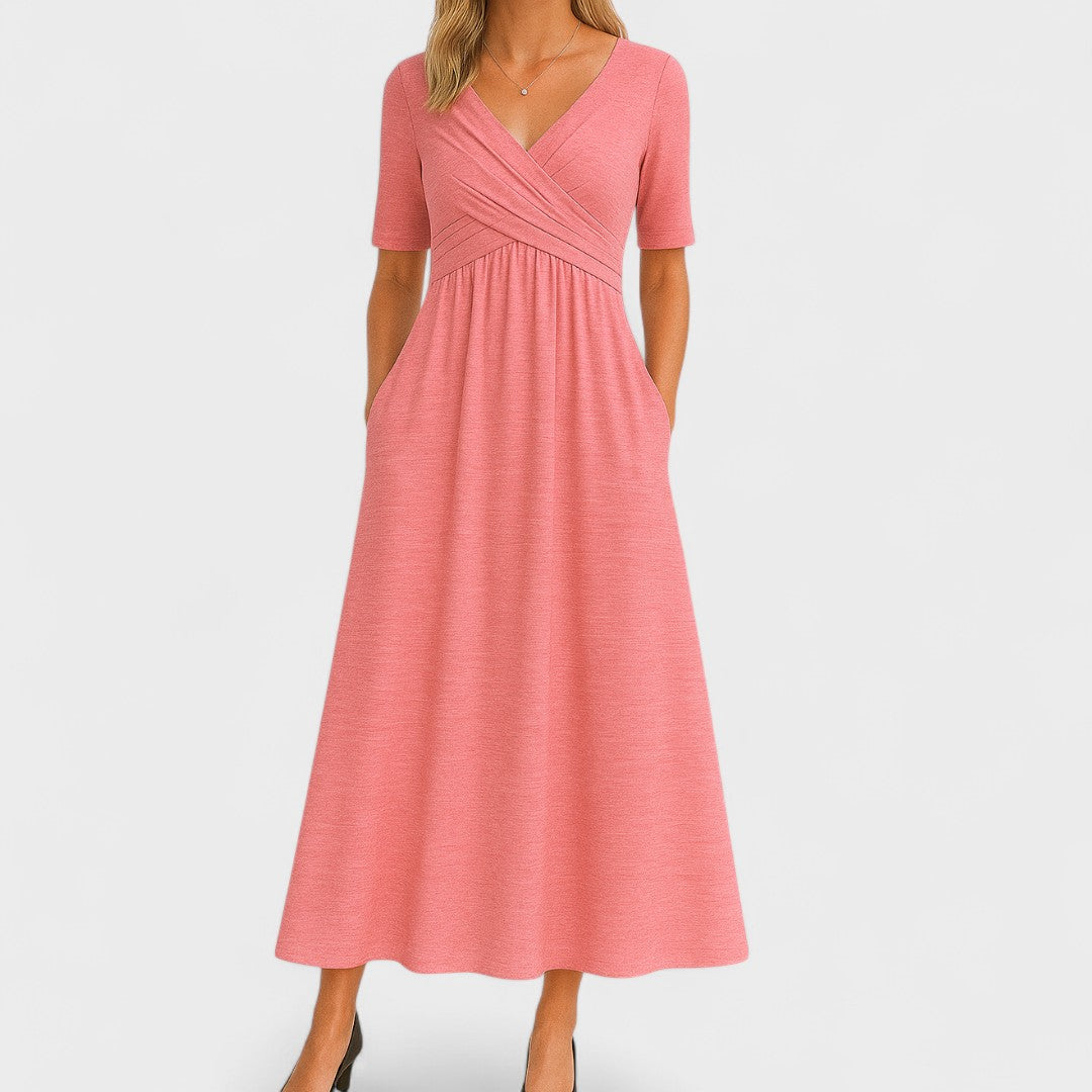 Beautiful women's V-neck midi dress, designed with an elegant crossover waist for a flattering, sophisticated look.