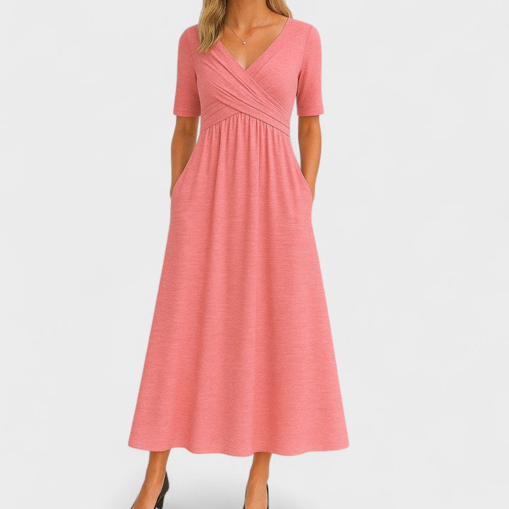 Beautiful women's V-neck midi dress, designed with an elegant crossover waist for a flattering, sophisticated look.