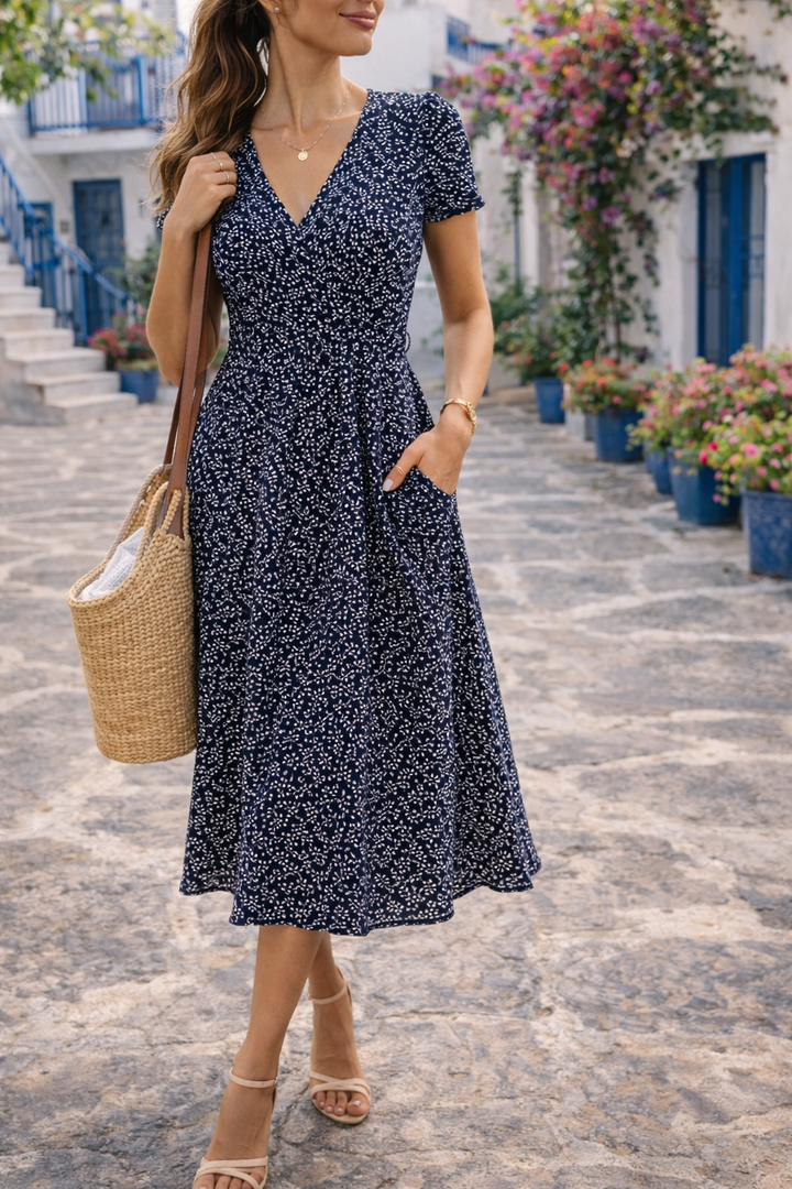 Elegant women's V-neck midi dress with a fitted bodice, perfect for spring casual wear or a sophisticated day look.
