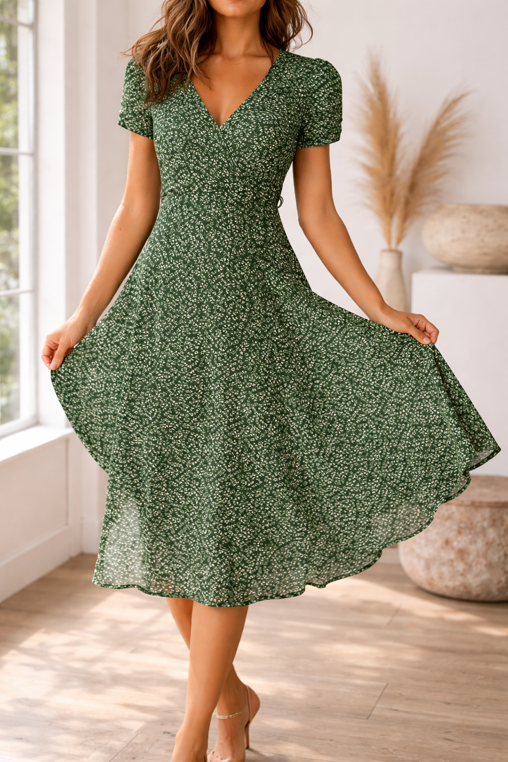 Stylish women's short-sleeve V-neck midi dress with a vibrant print, ideal for summer fashion and day events.