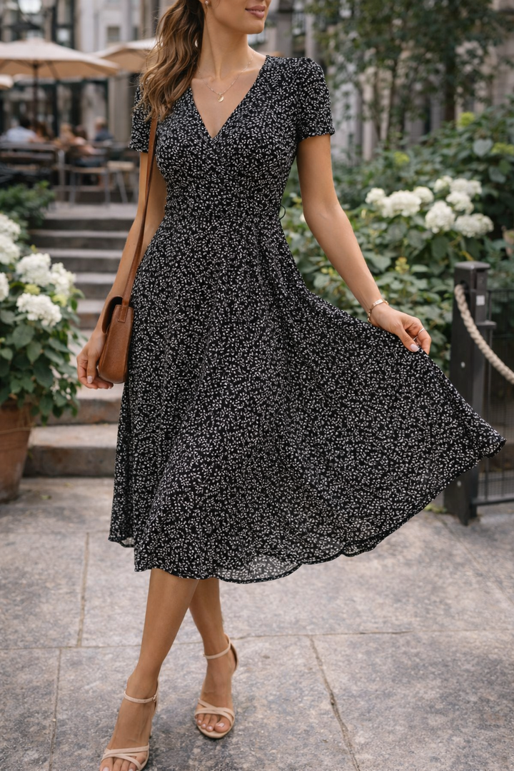 Versatile women's short-sleeve V-neck midi dress featuring a fitted bodice, suitable for spring or summer outings.