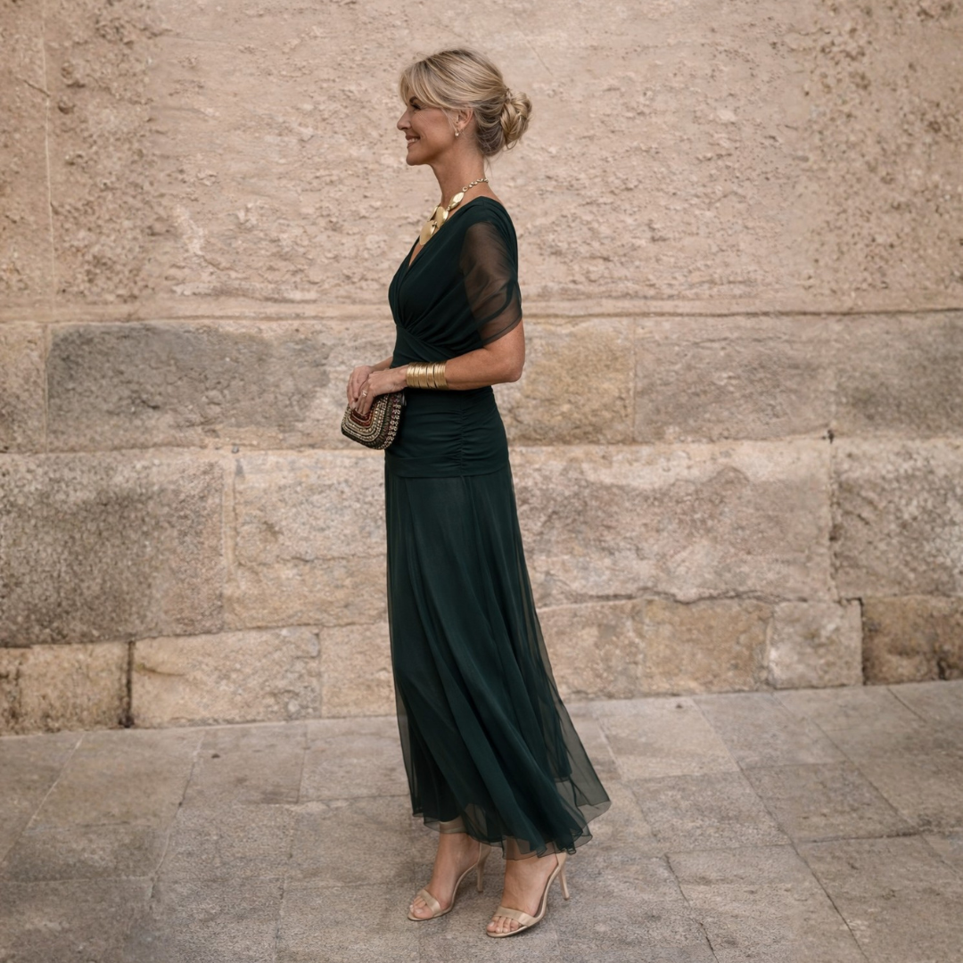 Elegant women's V-neck formal dress, A-line silhouette, and pretty flutter sleeves for special events.
