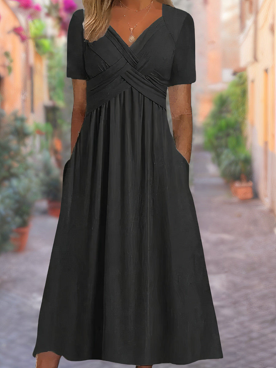 Fashionable women's crisscross V-neck midi dress, offering both elegance and comfortable fit for any occasion.