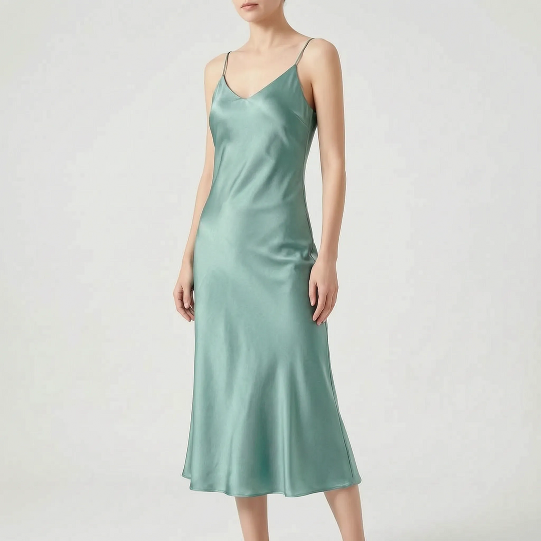 Versatile women's V-neck slip midi dress; elegant for evening, comfortable for summer casual wear.