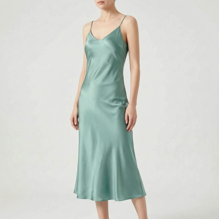 Versatile women's V-neck slip midi dress; elegant for evening, comfortable for summer casual wear.