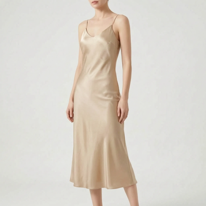 Classic women's slip midi dress with a flattering V-neck, suitable as an elegant cocktail or formal dress.